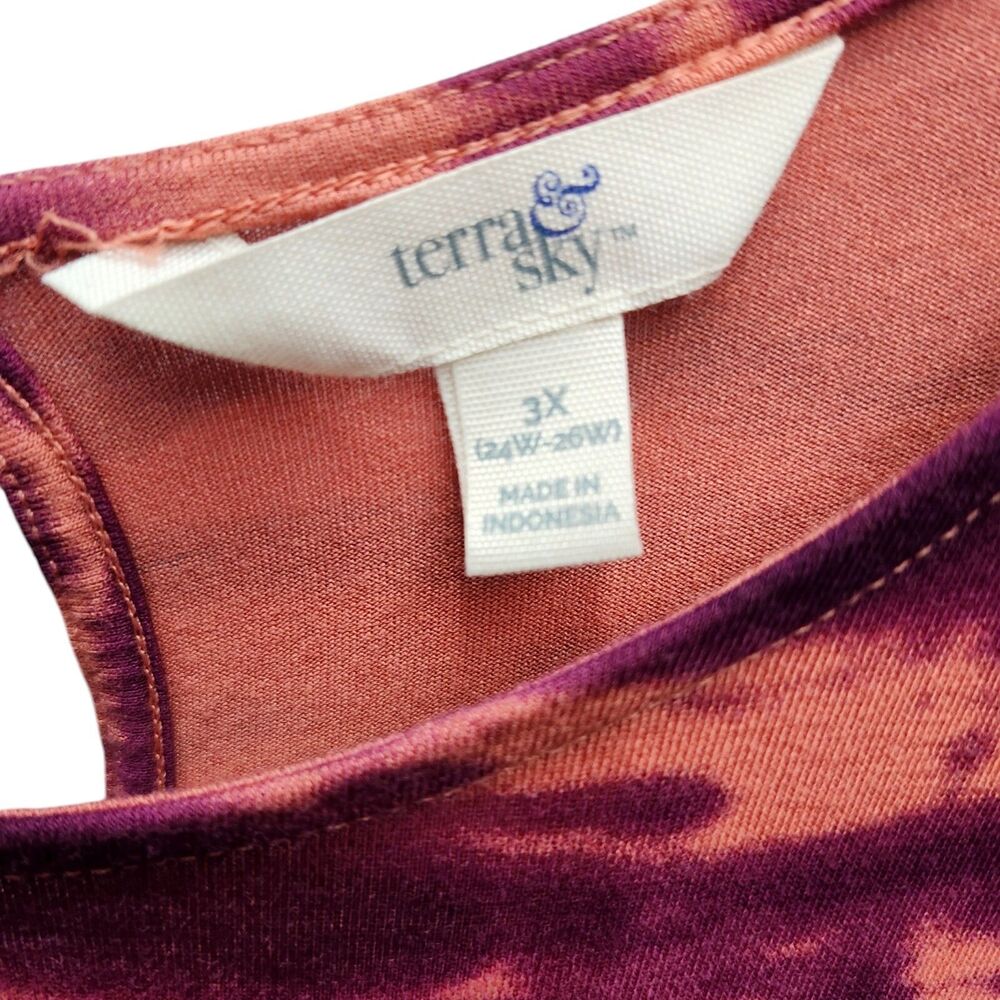 Terra and Sky Baby Doll Dress Womens 3X Tie Dye Purple Coral Keyhole Back Casual - Picture 5 of 9